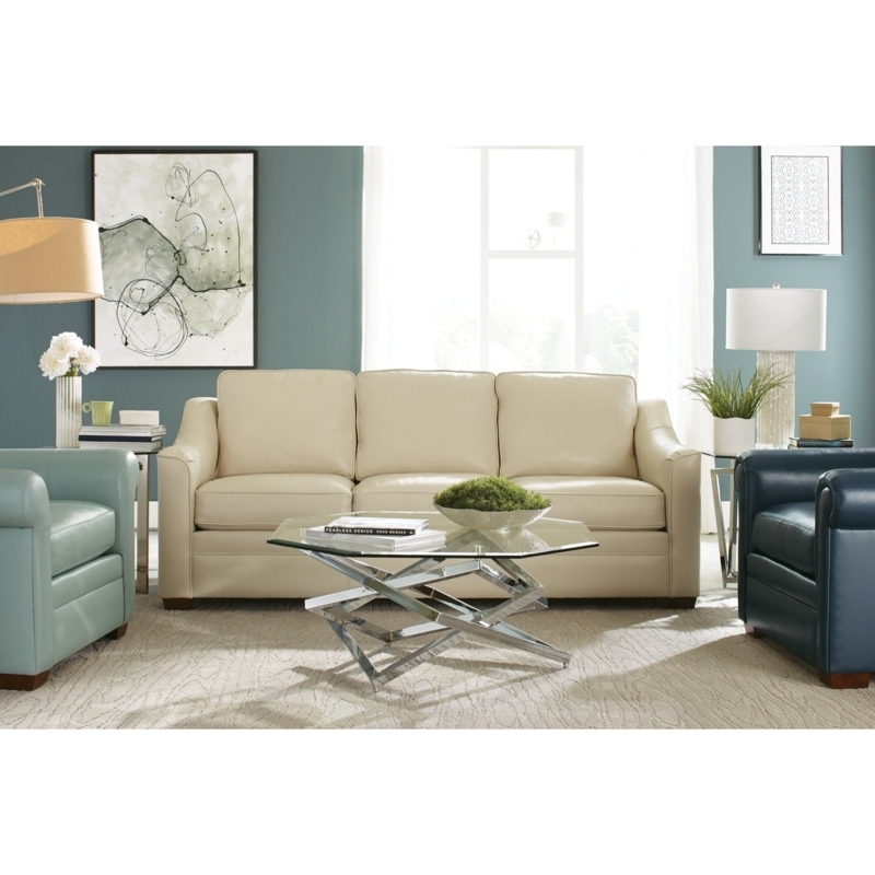 Contemporary Sofa, Cognac Leather-Like, Track Arms, Arc Lamp Styling