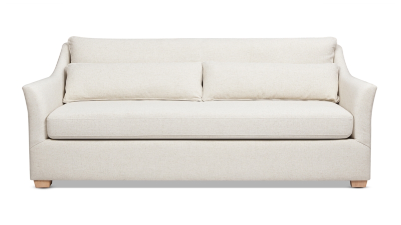 Contemporary Sofa featuring Flared Arms and Flax White Fabric Styling