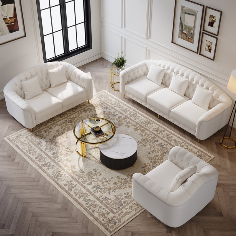 Contemporary Sofa Set Beige Leather Look Tapered Metal Legs Minimalist