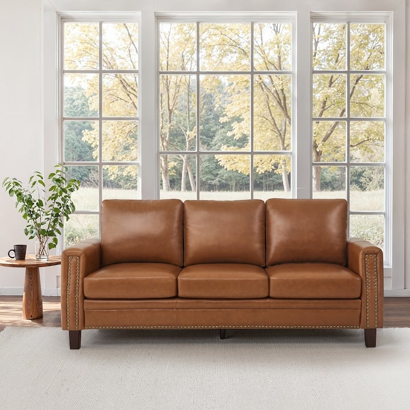 Contemporary Tan Leather Three-Seater Sofa with Square Track Arms