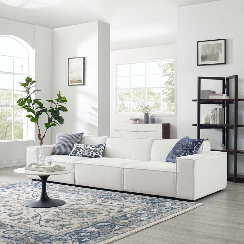 Contemporary White Upholstered Sectional Quilted Pattern Low Profile