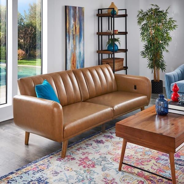 Convertible Futon Sofa Caramel Faux Leather USB Ports Square Arms