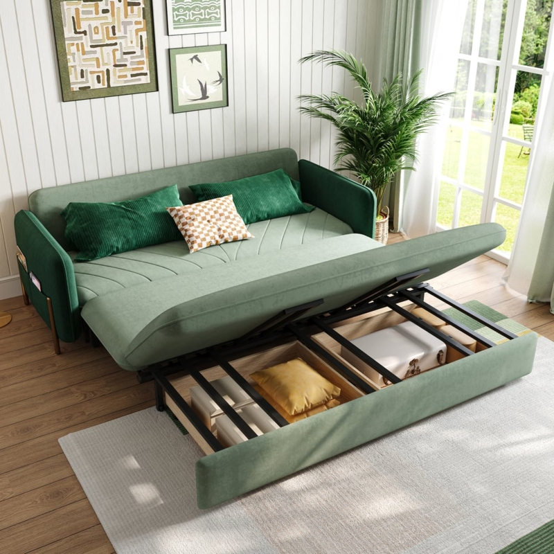 Convertible Sofa Emerald Green Velvet Channel Tufting Gold Legs