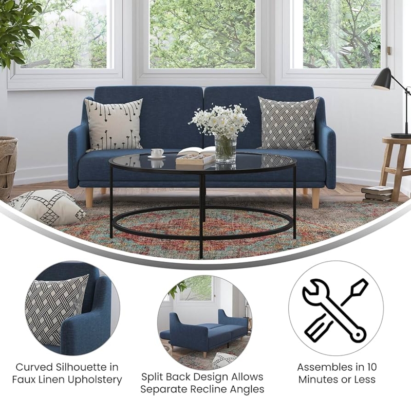 Convertible Sofa Navy Faux Linen Curved Arms for Small Spaces
