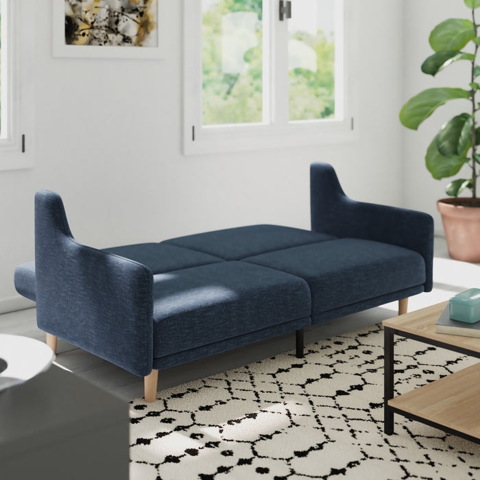 Convertible Sofa Teal Fabric Curved Silhouette Mid Century Style