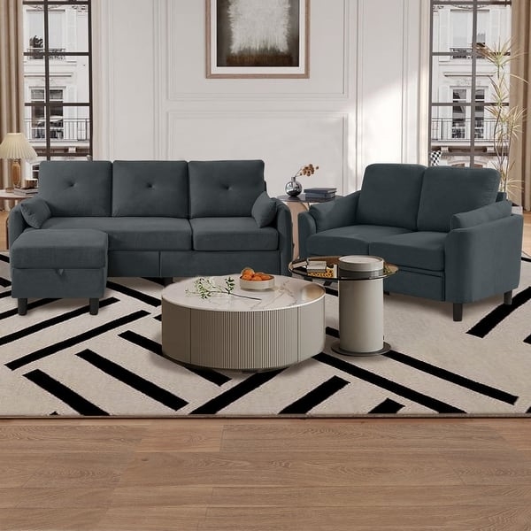 Coordinated Navy Blue Sofa Set Tuxedo Arms Button Tufted Mid-Century