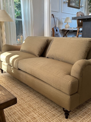 Coral Velvet English Roll Arm Sofa with Turned Legs and Casters
