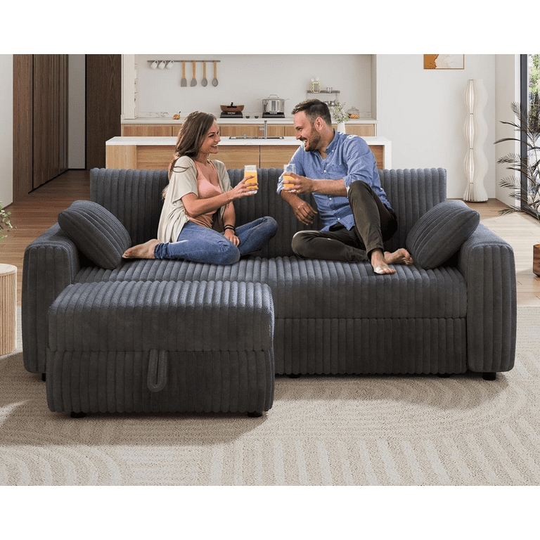 Corduroy L-Shaped Sectional, Modular with Storage Ottoman