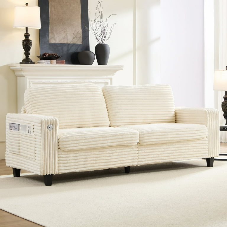 Corduroy Loveseat in Beige with Side Storage Pockets and USB Ports