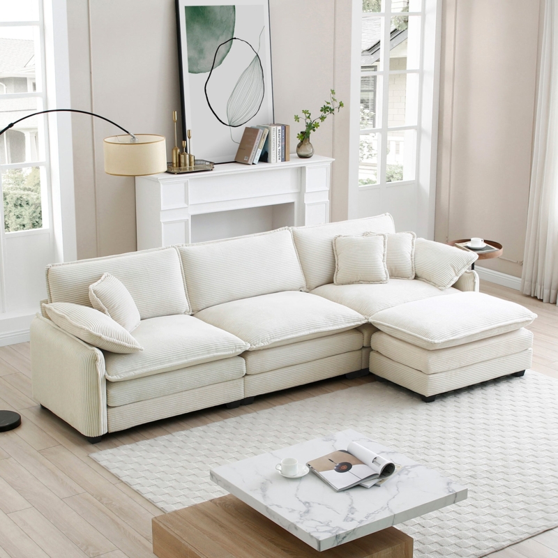 Corduroy Sectional Sofa Cream Modular Design Oversized Ottoman