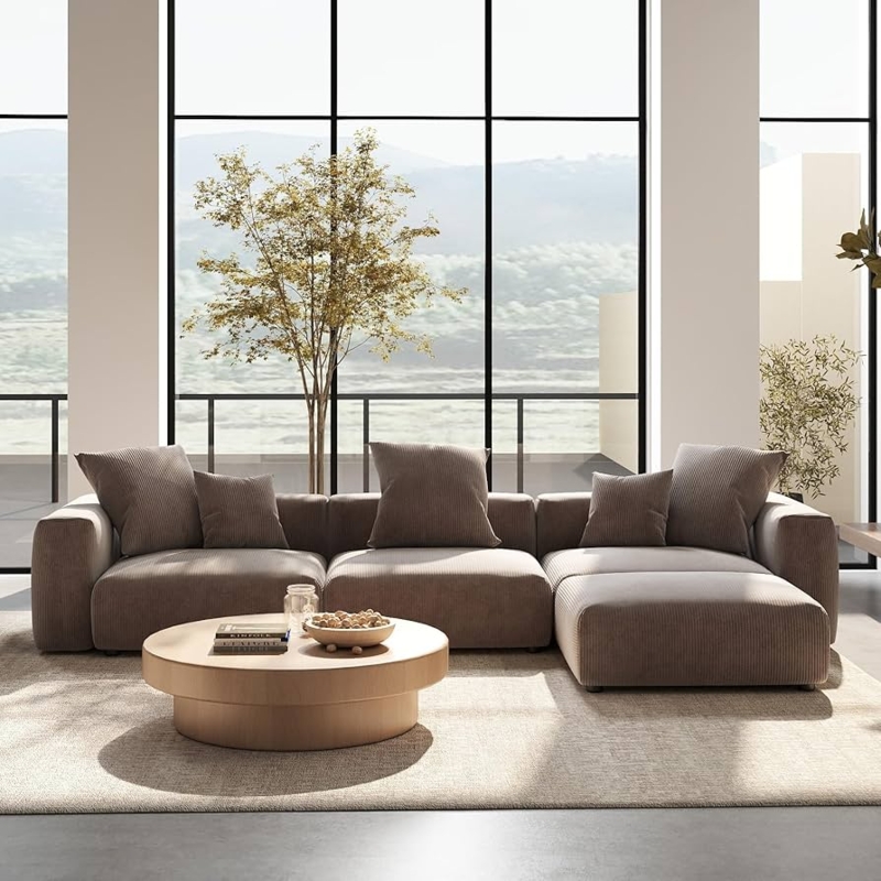 Corduroy Sectional Sofa Modular L-Shaped Oversized Brown