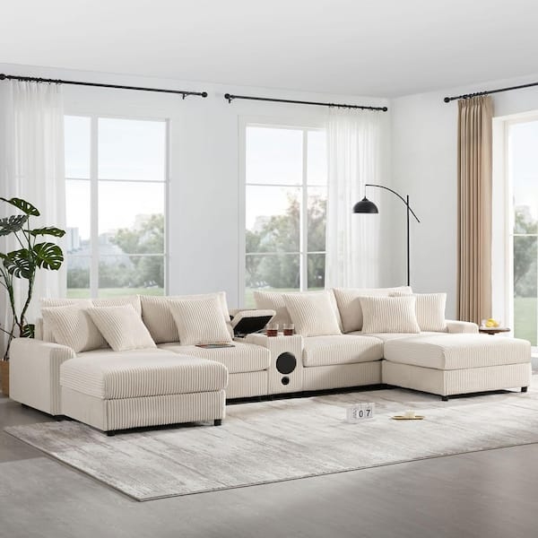 Corduroy U-Shaped Sectional Sofa Cream with Integrated Tech Console