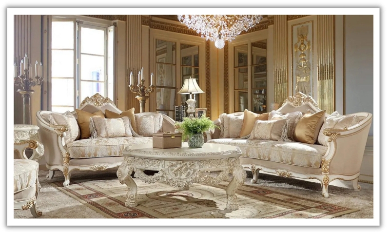 Cove White Living Room Set Upholstery Ornate Gold Carvings