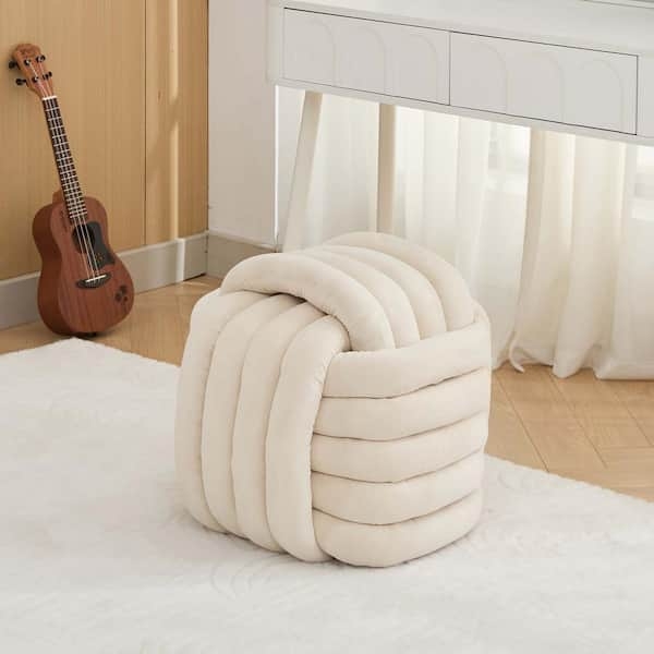 Cozy Chenille Pouf with Soft Square Cube Shape in Neutral Tone