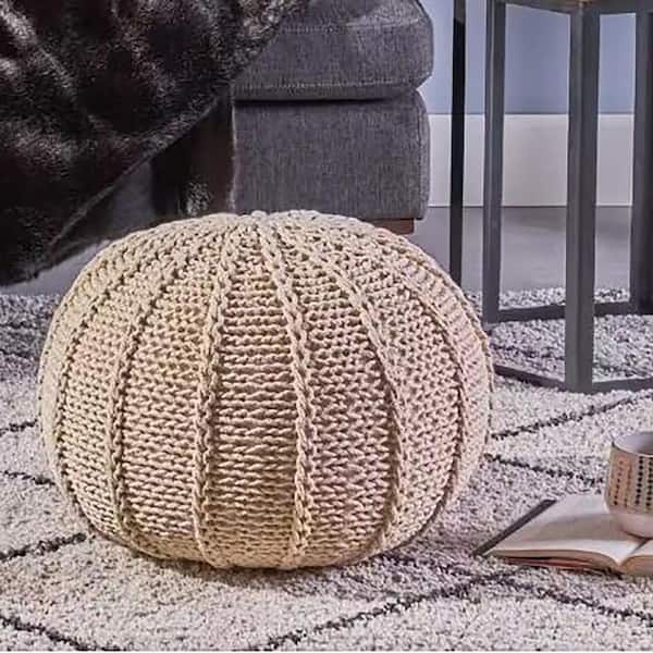 Cozy Round Pouf with Chunky Cotton Knit Appearance
