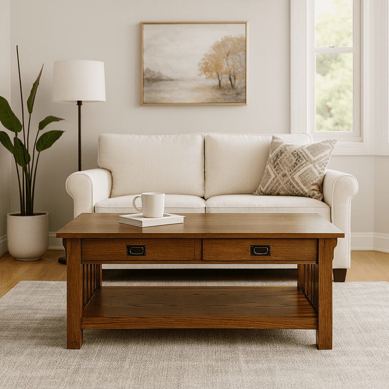 Craftsman Style Furniture Coffee Table. Oak Finish, Dual Drawers, Shelf.