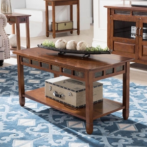 Craftsman Wood Coffee Table Slate Tile Top Lower Storage Shelf