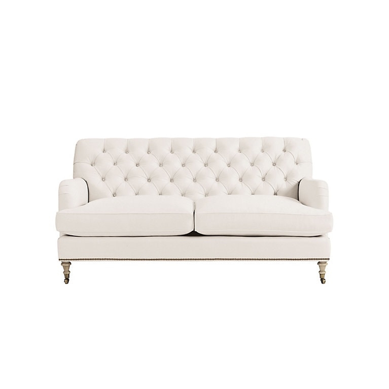Cream Apartment Sofa, Rolled Arms, Tapered Legs, Brass Nailhead Trim