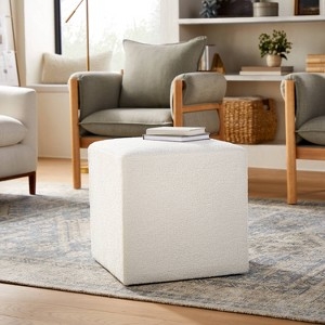 Cream Boucle Cube Ottoman featuring Tapered Wood Legs Modern Farmhouse