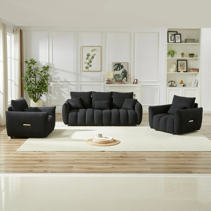 Cream Boucle Living Room Set with Rounded Silhouette