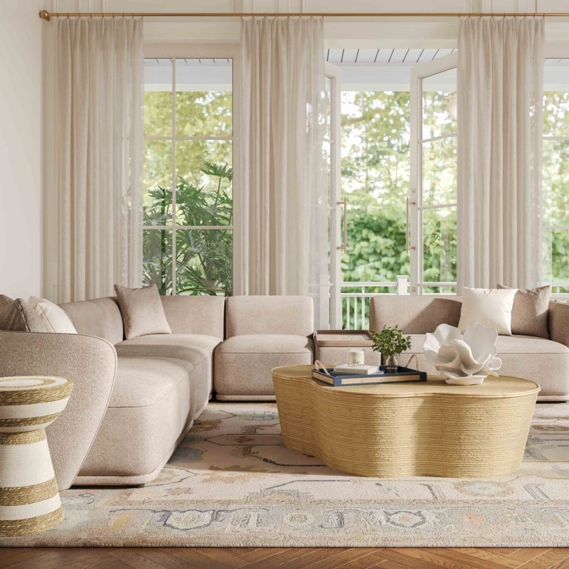 Cream Boucle Modular Sectional Sofa Low Profile Deep Seating Organic