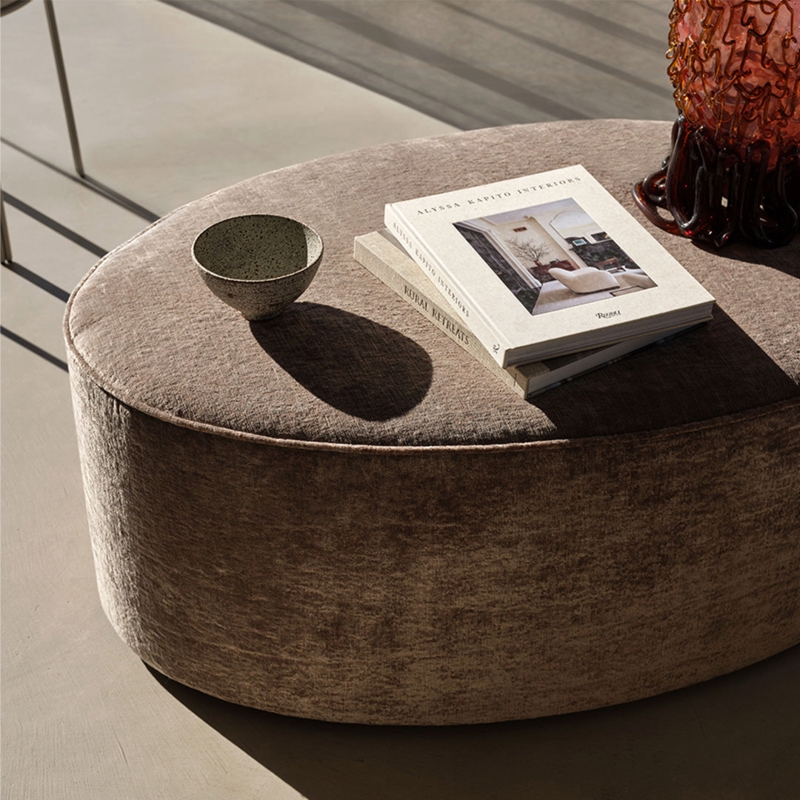 Cream Boucle Oval Ottoman Modern Coffee Table Plinth Base