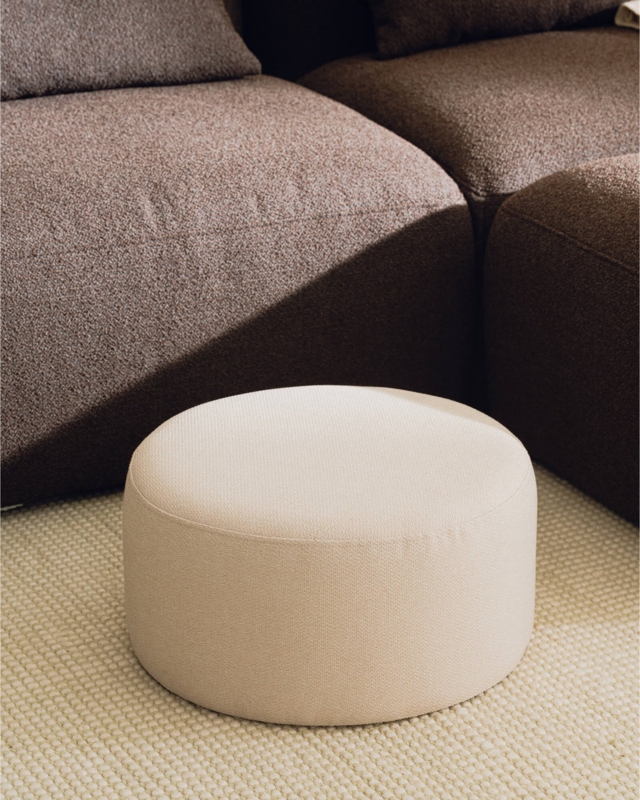 Cream Boucle Round Pouf with Low Profile for Minimalist Styling