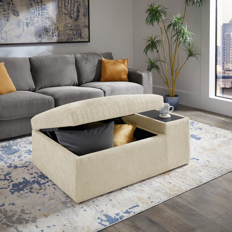 Cream Boucle Storage Ottoman with Caster Wheels and Integrated Tray