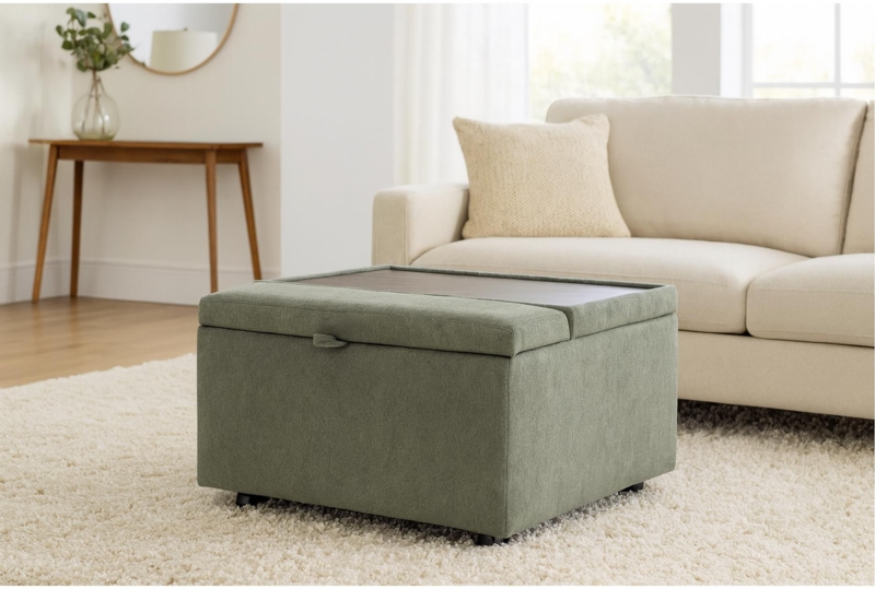 Cream Boucle Storage Ottoman with Hooded Casters and Wood Base