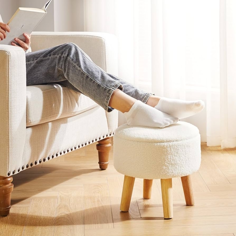 Cream Boucle Storage Ottoman with Tapered Wood Legs (60 chars)