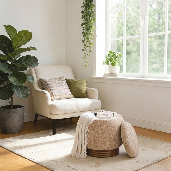 Cream Boucle Storage Ottoman with Vertical Wood Slats
