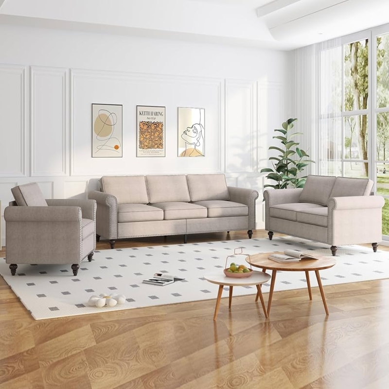 Cream Boucle Texture Living Room Set Tapered Wood Legs Bolster Pillows