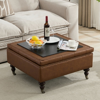 Cream Button Tufted Square Storage Ottoman with Caster Wheels
