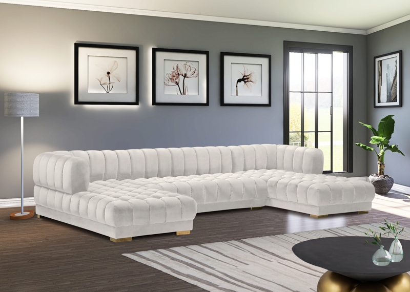Cream Channel Tufted Sectional with Gold Legs