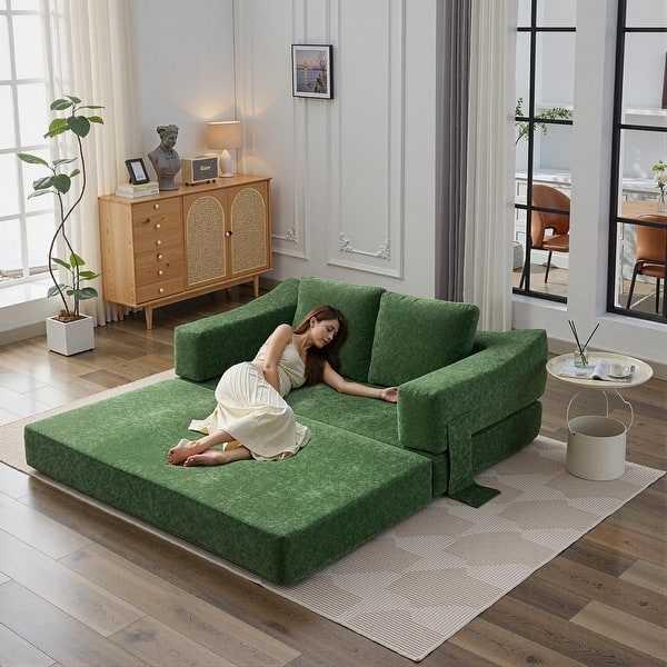 Cream Chenille Floor Sleeper Sofa with Quilted Pattern