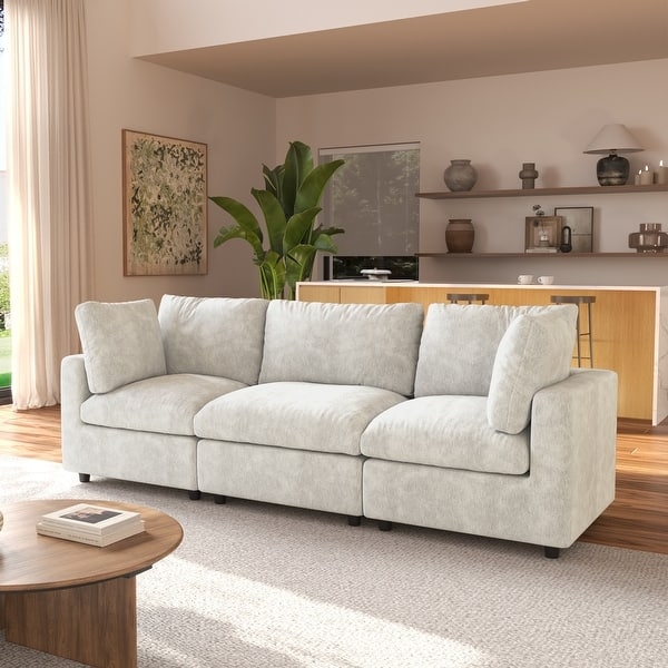 Cream Chenille Linen Blend Sectional Sofa with Integrated Chaise