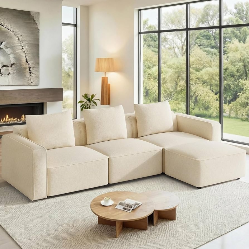 Cream Chenille Modular Sectional with Low Profile and Ottoman
