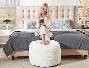 Cream Chunky Knit Pouf Ottoman with Square Silhouette