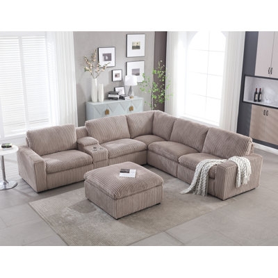 Cream Corduroy Power Reclining Sectional Sofa Ribbed Texture 7 Piece