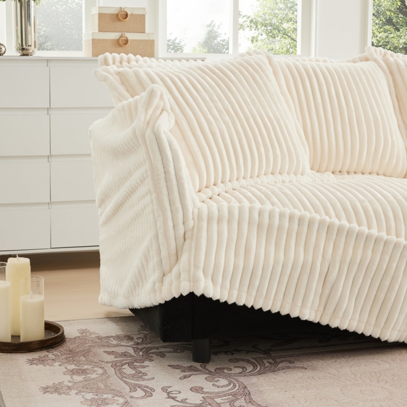 Cream Corduroy Sectional Sofa with Matching Ottoman and Low Profile