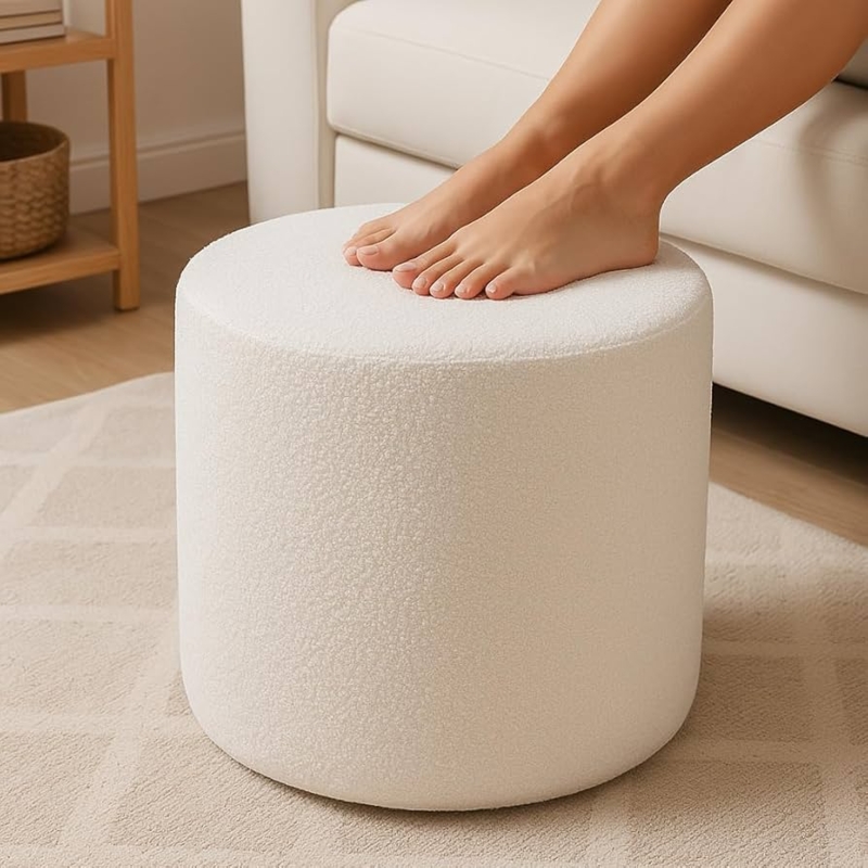Cream Cylindrical Pouf Ottoman Boucle Texture Round Floor Footstool