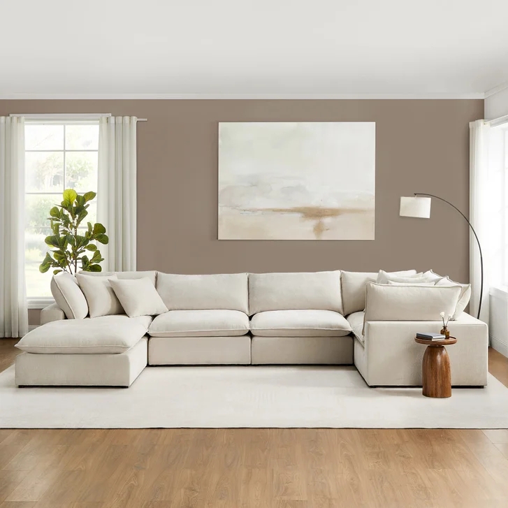 Cream Fabric Modular Sectional, Modern Low Profile Lounge