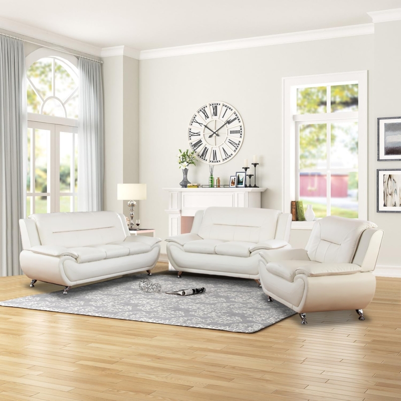 Cream Leather Sofa Set with Slim Metal Legs