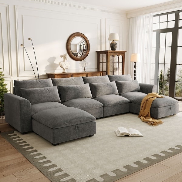 Cream Linen Blend 6-Seat Modular U-Shaped Sectional Sofa