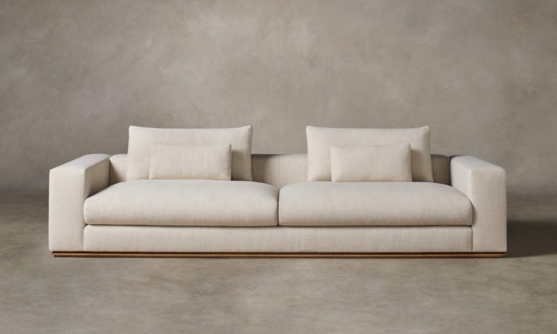 Cream Low Profile Sofa, Wood Base, Frame Wrap Detail