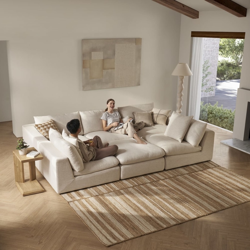 Cream Modular Pit Sectional Sofa Low Profile Minimalist Lounge Layout