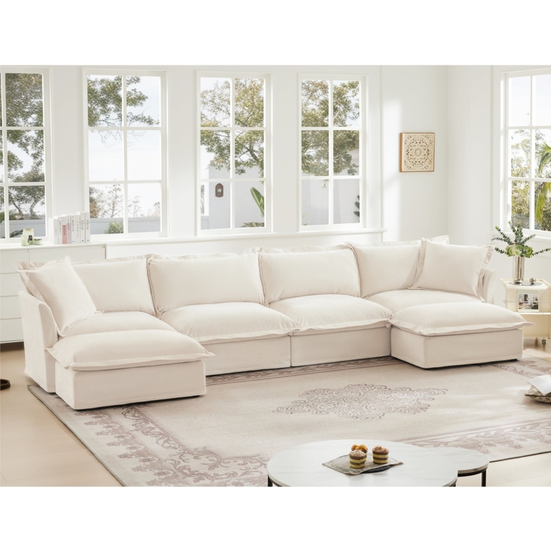 Cream Modular Sectional Sofa Fluffy Chenille Washable Cover Cozy Room