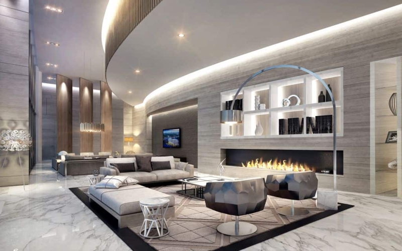 Cream Modular Sectional Sofa with Polished Marble Floor Design Ideas