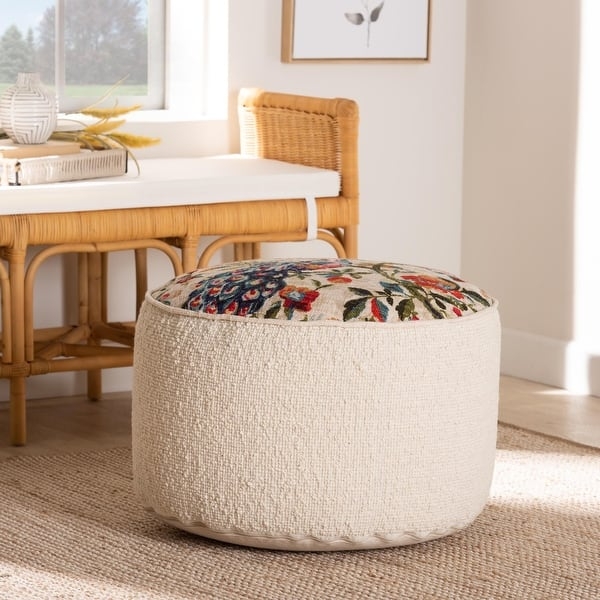 Cream Multicolor Fabric Pouf Global Geometric Ottoman Seating
