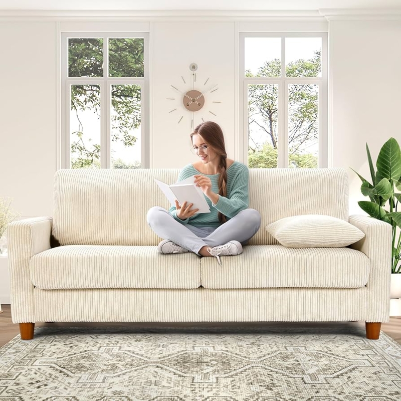 Cream Ribbed Corduroy Loveseat: Low Profile Boho Minimalist Style